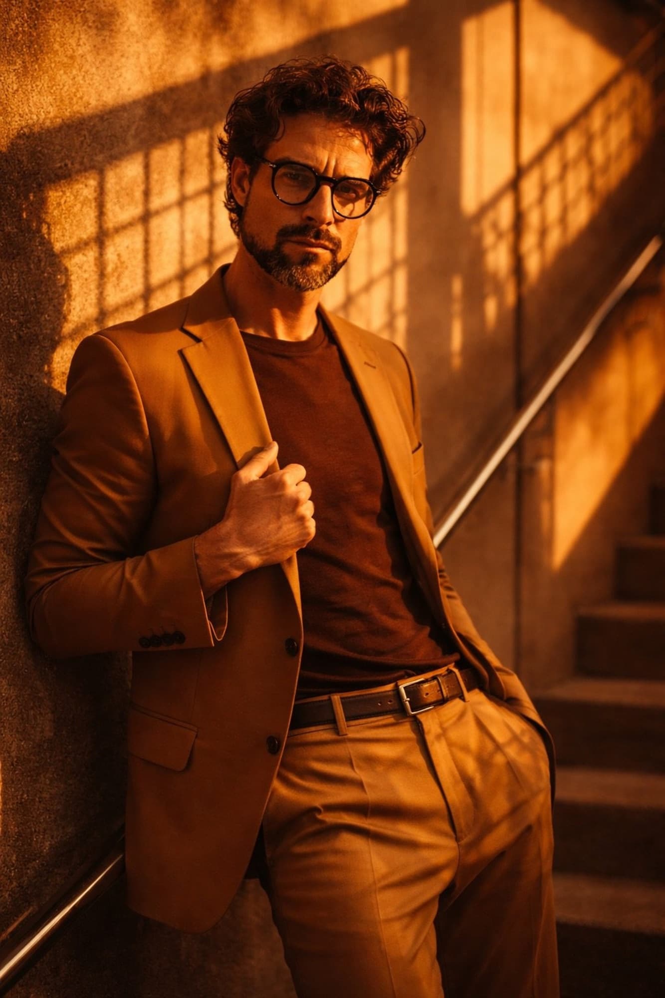 Brandon Mills — golden-hour editorial in a stairwell, warm directional light