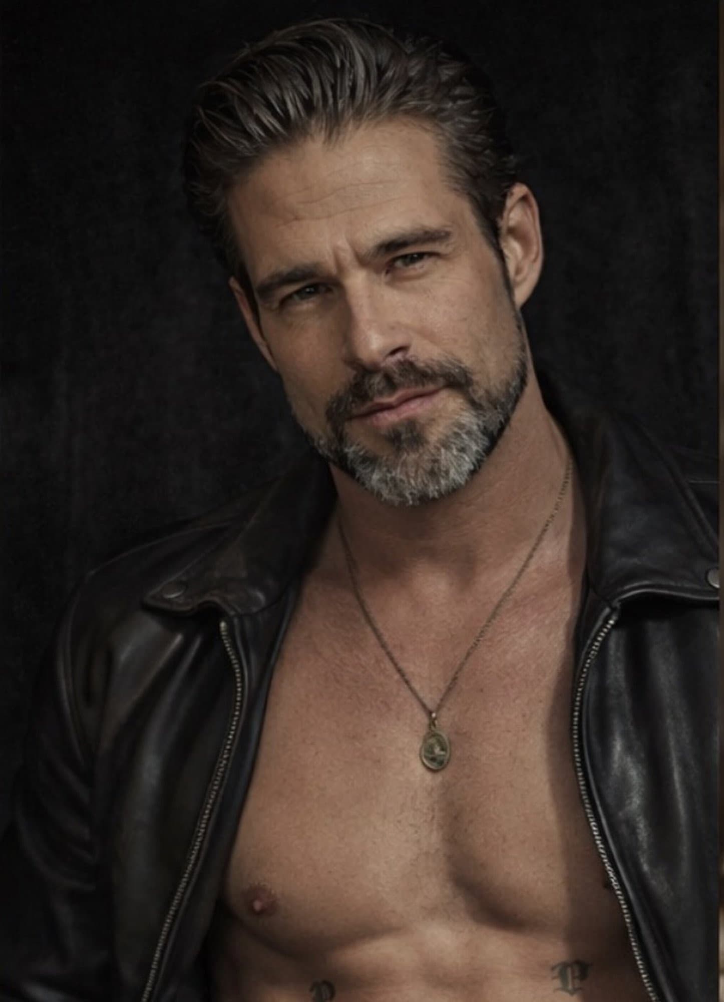 Brandon Mills — editorial portrait in a leather jacket, controlled studio light