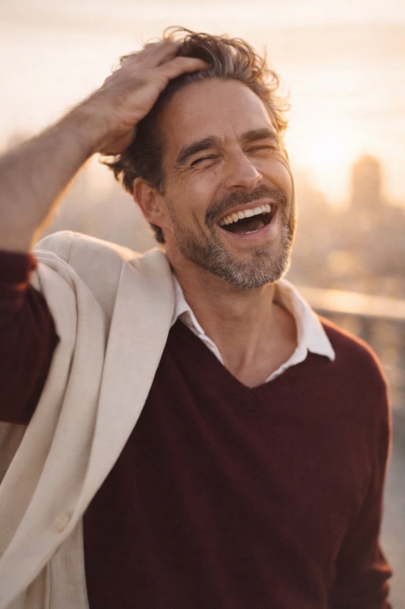 Brandon Mills — candid rooftop editorial, laughing, natural light